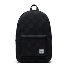 Load image into Gallery viewer, Front panel view of the Black Checkered Textile Settlement backpack.
