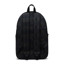Load image into Gallery viewer, Back panel view of the Black Checkered Textile Settlement Backpack. 
