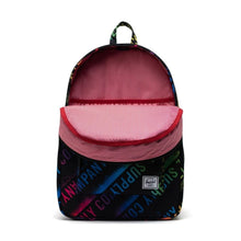 Load image into Gallery viewer, Front view of the Stencil Roll Call backpack. It features a laptop pocket and a red with white lines pattern.
