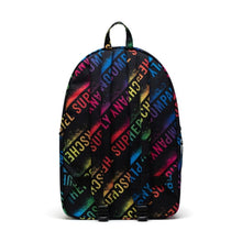 Load image into Gallery viewer, Back panel view of the Stencil Roll Call backpack.
