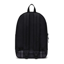 Load image into Gallery viewer, Back panel view of the black grayscale plaid backpack. 
