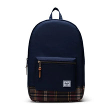Load image into Gallery viewer, Front panel view of the peacoat plaid backpack
