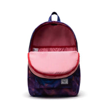 Load image into Gallery viewer, Front opened view of the soft petals backpack. The interior lining has a pattern of vertical red and white lines.
