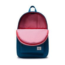 Load image into Gallery viewer, Front interior view of the moroccan blue backpack. it features a laptop compartment.
