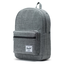 Load image into Gallery viewer, Angled front view of the Raven Crosshatch Pop Quiz backpack. 
