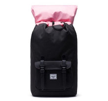 Load image into Gallery viewer, Front view of the black backpack with the top lid tilted back.
