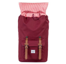 Load image into Gallery viewer, Front view of the Windsor Wine backpack with the top lid flipped back. 
