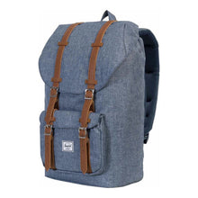 Load image into Gallery viewer, Angled front view of the Chambray Crosshatch backpack.
