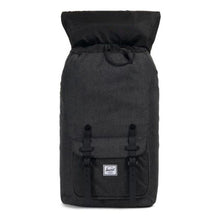 Load image into Gallery viewer, Front view of the black crosshatch backpack with the top lid flipped back.

