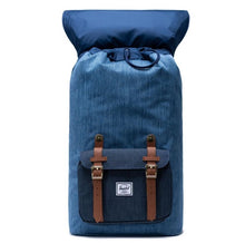 Load image into Gallery viewer, Front view of the blue denim backpack with the top lid lipped back.
