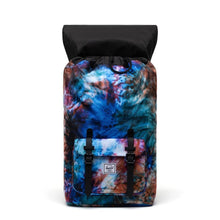 Load image into Gallery viewer, Front view of the Summer Tie Dye backpack with the top lid flipped back. The interior lining is black. 
