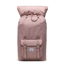 Load image into Gallery viewer, Front panel view of the Ash Rose Crosshatch backpack. The top lid is flipped backpack.
