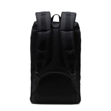 Load image into Gallery viewer, Back panel view of the black and plaid backpack. 
