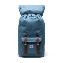 Load image into Gallery viewer, Front view of the bluestone backpack with the top lid tilted back.
