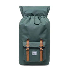 Load image into Gallery viewer, Front view of the Little America backpack with the top flap lifted back.
