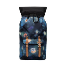 Load image into Gallery viewer, Front view of the floral mist Little America backpack with the top lid flipped back. 
