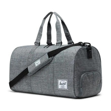 Load image into Gallery viewer, Angled front view of the raven crosshatch duffle bag. 

