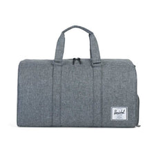 Load image into Gallery viewer, Front view of the Raven Crosshatch duffle bag. 

