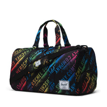 Load image into Gallery viewer, Angled front view of the Stencil Roll Call Novel Duffle bag.
