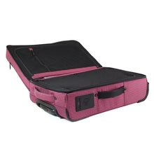 Load image into Gallery viewer, Angled view of the suitcase with the main compartment opened. It features zipper-closing panel dividers.  The side panel features a grip handle and an ID slot.
