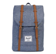 Load image into Gallery viewer, Front panel view of the Dark Chambray Crosshatch Retreat backpack. 

