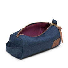 Load image into Gallery viewer, Angled top view of the Indigo Crosshatch Settlement Case. The main compartment is unzipped. 
