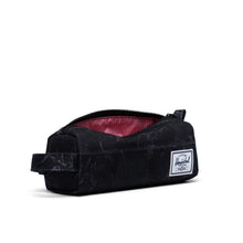 Load image into Gallery viewer, Angled view of the Black Marble Settlement Pencil Case The main compartment is unzipped. 
