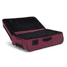 Load image into Gallery viewer, Angled view of the Wine Grid Parcel Suitcase with the main compartment opened. It features zipper-closing panel dividers. 
