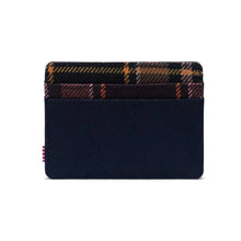 Load image into Gallery viewer, Back view of the navy blue with yellow and red plaid wallet.
