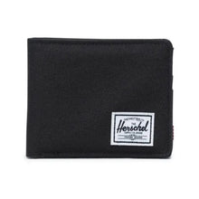 Load image into Gallery viewer, Front view of the black Roy wallet with Herschel logo tag.
