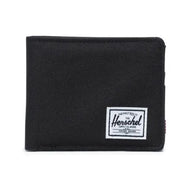 Front view of the black Roy wallet with Herschel logo tag.