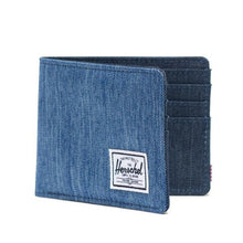 Load image into Gallery viewer, Front view of the Roy wallet in jean blue crosshatch.
