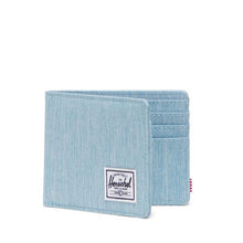 Load image into Gallery viewer, Front view of the Light Denim Crosshatch Roy wallet.
