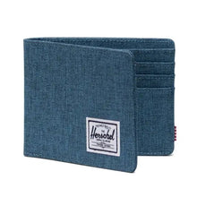 Load image into Gallery viewer, Front view of the Copen Blue crosshatch wallet partially opened.
