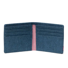 Load image into Gallery viewer, Interior view of the copen blue crosshatch wallet. 
