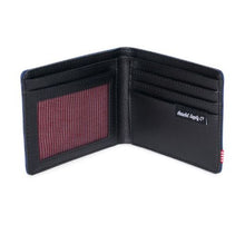 Load image into Gallery viewer, The Eclipse Crosshatch wallet, unfolded. It has a black leather interior.
