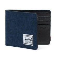 Load image into Gallery viewer, Front view of the Medieval Blue Crosshatch wallet, partially opened.
