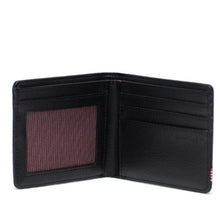 Load image into Gallery viewer, Opened view of the Medieval Blue Crosshatch wallet. The interior is made of black leather.
