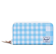 Load image into Gallery viewer, Front view of the Thomas wallet in Gingham Alaskan blue. 
