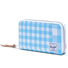 Load image into Gallery viewer, Angled front view of the Thomas wallet in Gingham Alaskan Blue.
