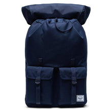 Load image into Gallery viewer, Front view of the Navy blue Peacoat backpack. The top lid is flipped back. 
