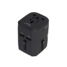 Load image into Gallery viewer, Angled view of the black power adapter. IT features two USB plugs on the side.
