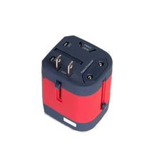 Load image into Gallery viewer, Angled top view of the Travel adapter set on the USA plug option.

