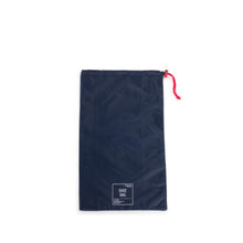 Load image into Gallery viewer, Back view of the Navy blue shoe bag with red pull string closure.

