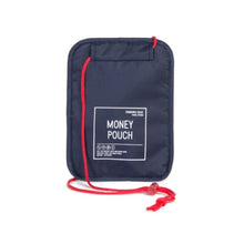 Load image into Gallery viewer, Back view of the navy blue money pouch with red adjustable string.
