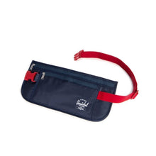 Load image into Gallery viewer, Angled view of the Navy blue and red money belt. 
