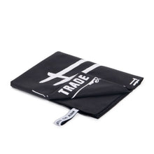 Load image into Gallery viewer, Angled view of the folded black camp towel. 

