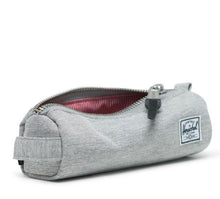 Load image into Gallery viewer, Angled view of the Light Grey Settlement Case. The main compartment is unzipped. 

