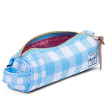 Load image into Gallery viewer, Angled view of the Gingham Alaskan Blue Settlement Case with the main compartment unzipped. 
