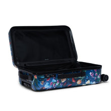 Load image into Gallery viewer, Angled view of the Hoffman suitcase laid on the back panel with the main compartment opened. It features a zipper-closing panel divider and adjustable straps. 
